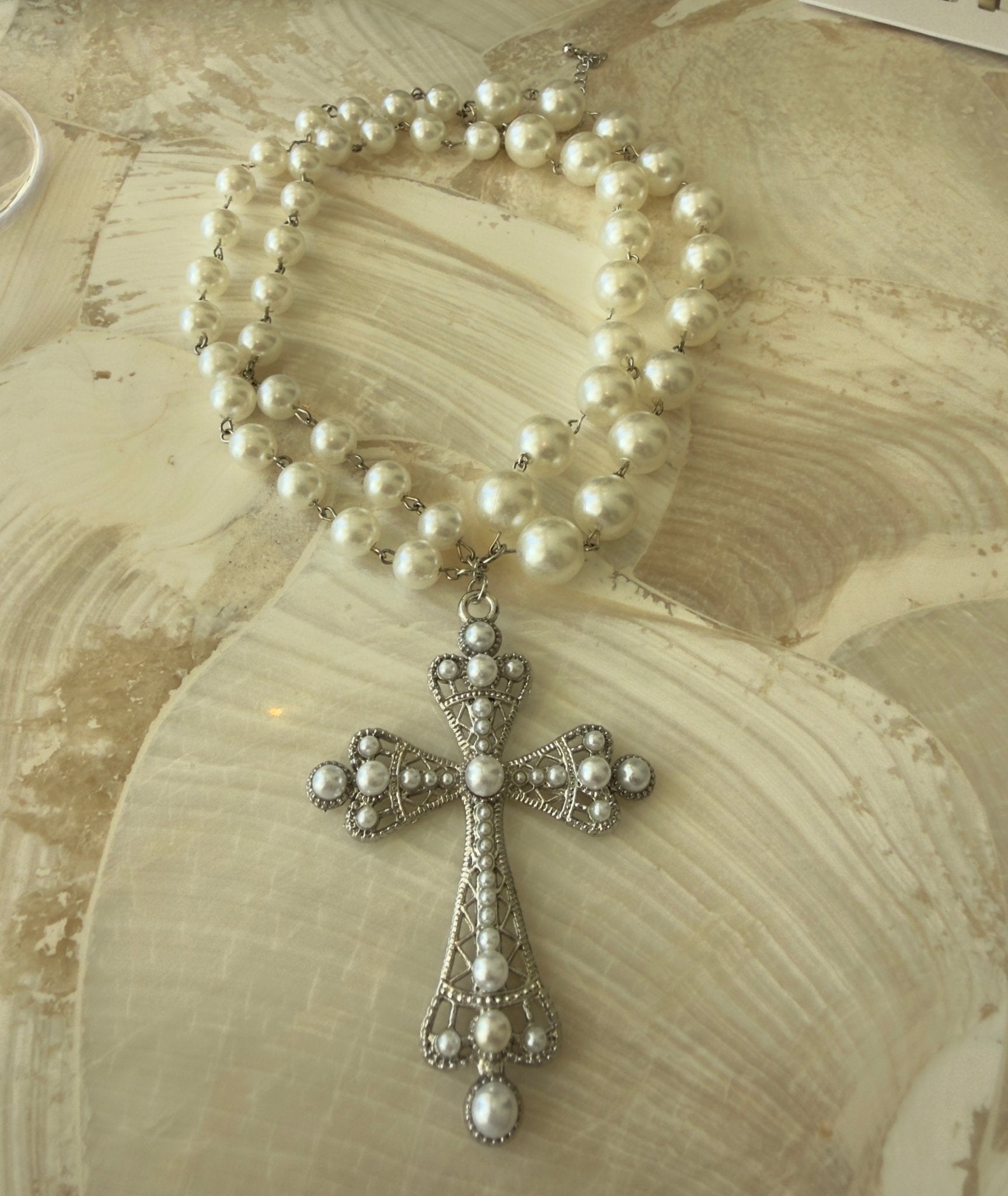 Double Pearl Cross Necklace – close-up detail
