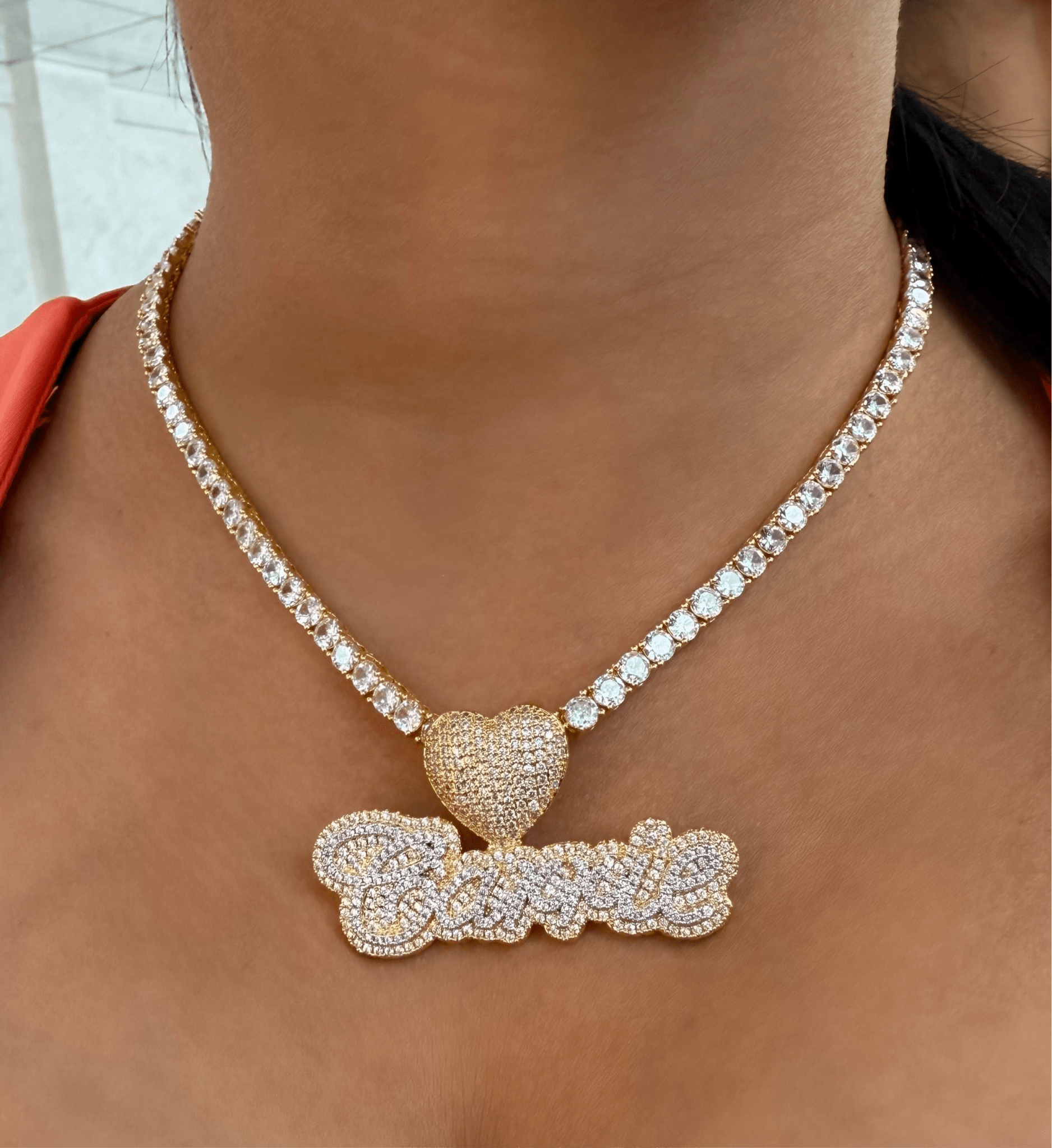 Two Tone Heart Custom Name necklace — gold and white heart pendant personalized with AAA cubic zirconia letters — CharmBox custom name necklace