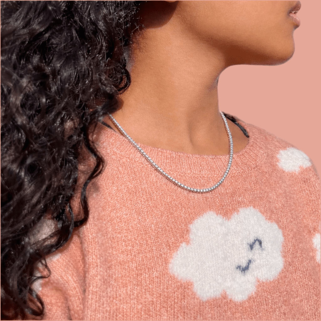 Kids Tennis Necklace — 2mm silver tennis chain with cubic zirconia stones in 14-inch length — CharmBox kids tennis necklace
