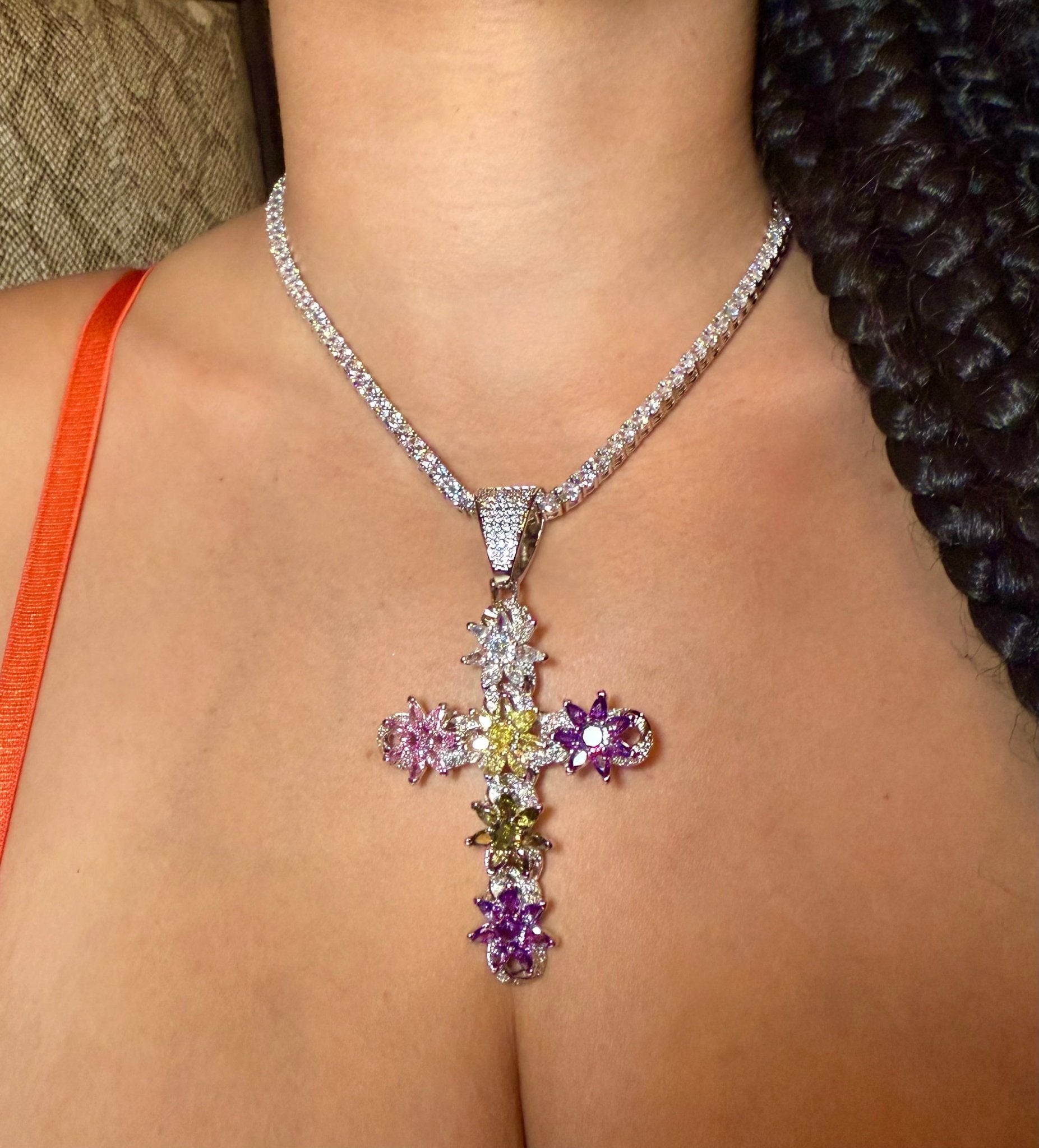 Flower Cross Pendant — silver cross with six multi-color flower accents on rope or tennis chain — CharmBox flower cross necklace