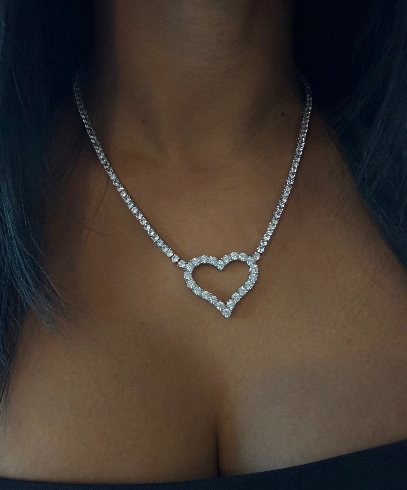 Open Heart Tennis Necklace — 3mm tennis chain with open-heart centerpiece in silver or gold — CharmBox open heart tennis necklace