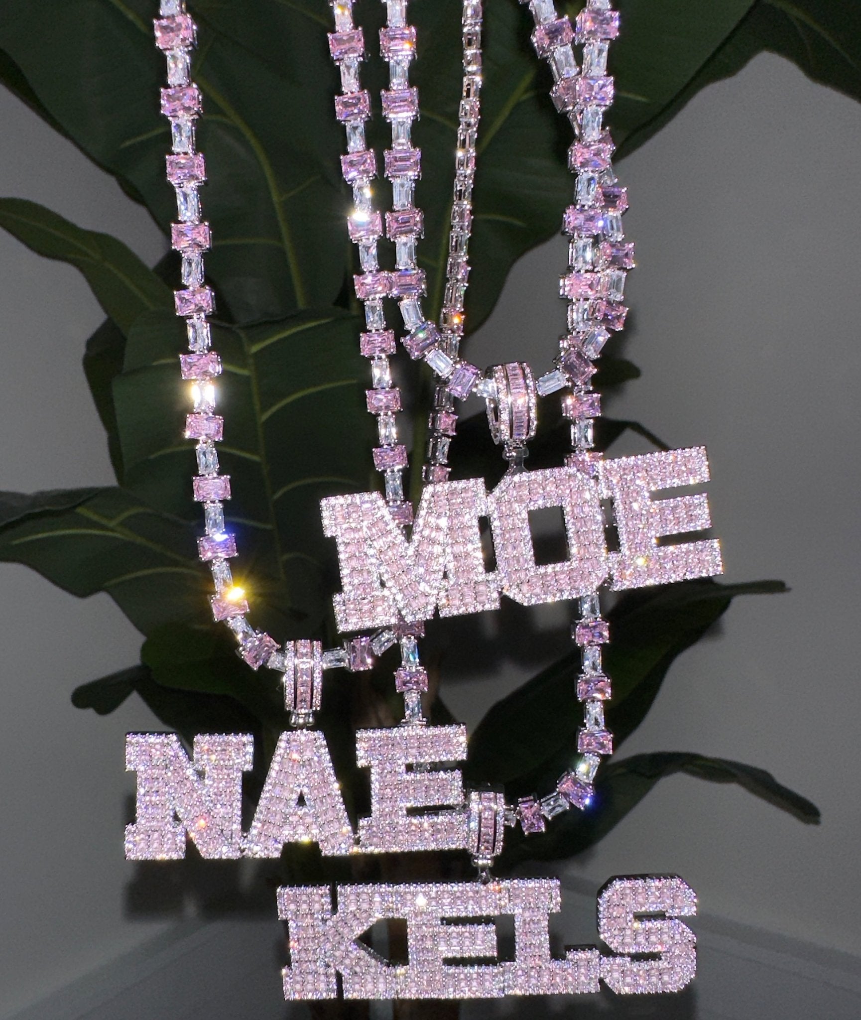 Custom Pynk Name necklace personalized in rose gold with pink baguette tennis chain — CharmBox custom name necklace