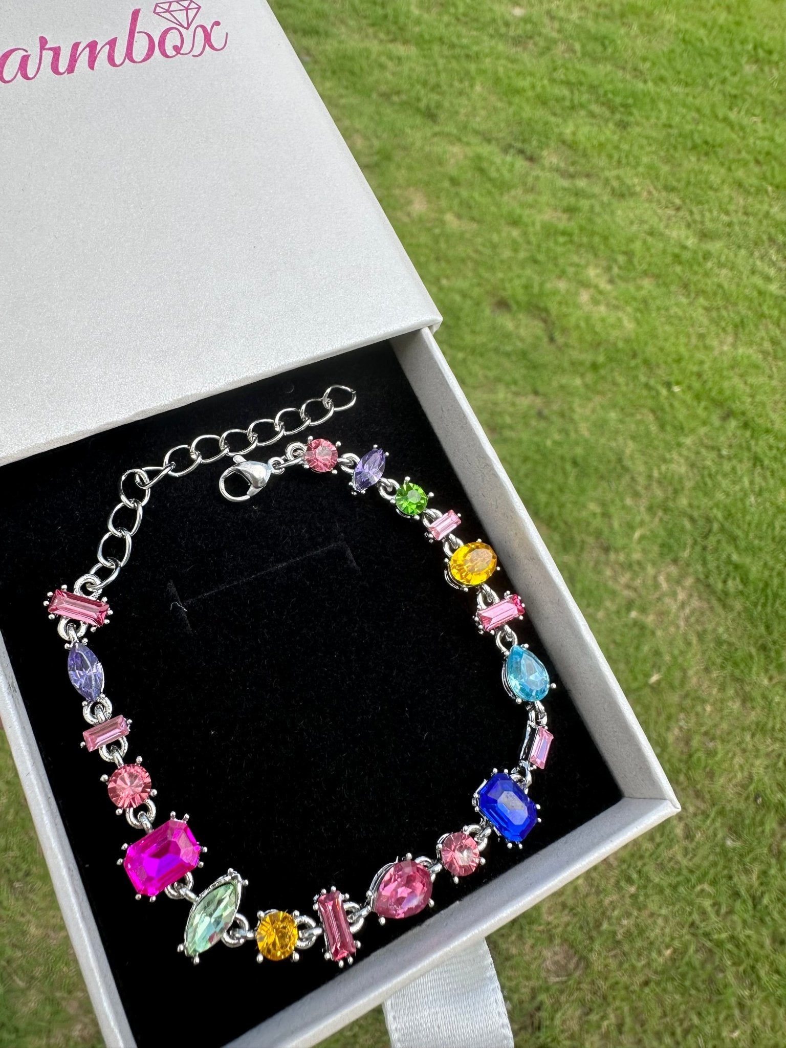 Fruity Pebble Bracelet — vibrant multi-color stones on a polished stainless steel bracelet with adjustable extender — CharmBox fruity pebble bracelet