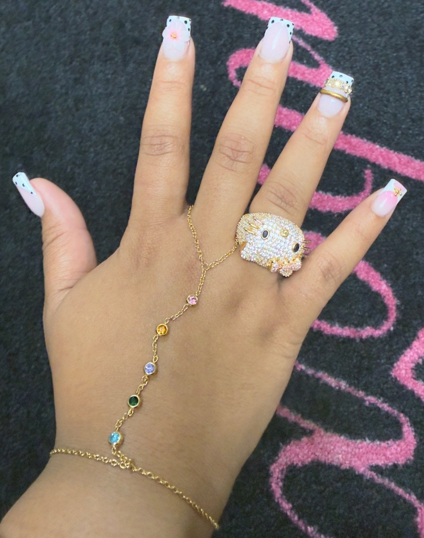 Rainbow Handchain Bracelet — multi-color stone accents on a delicate gold hand chain — CharmBox rainbow hand chain