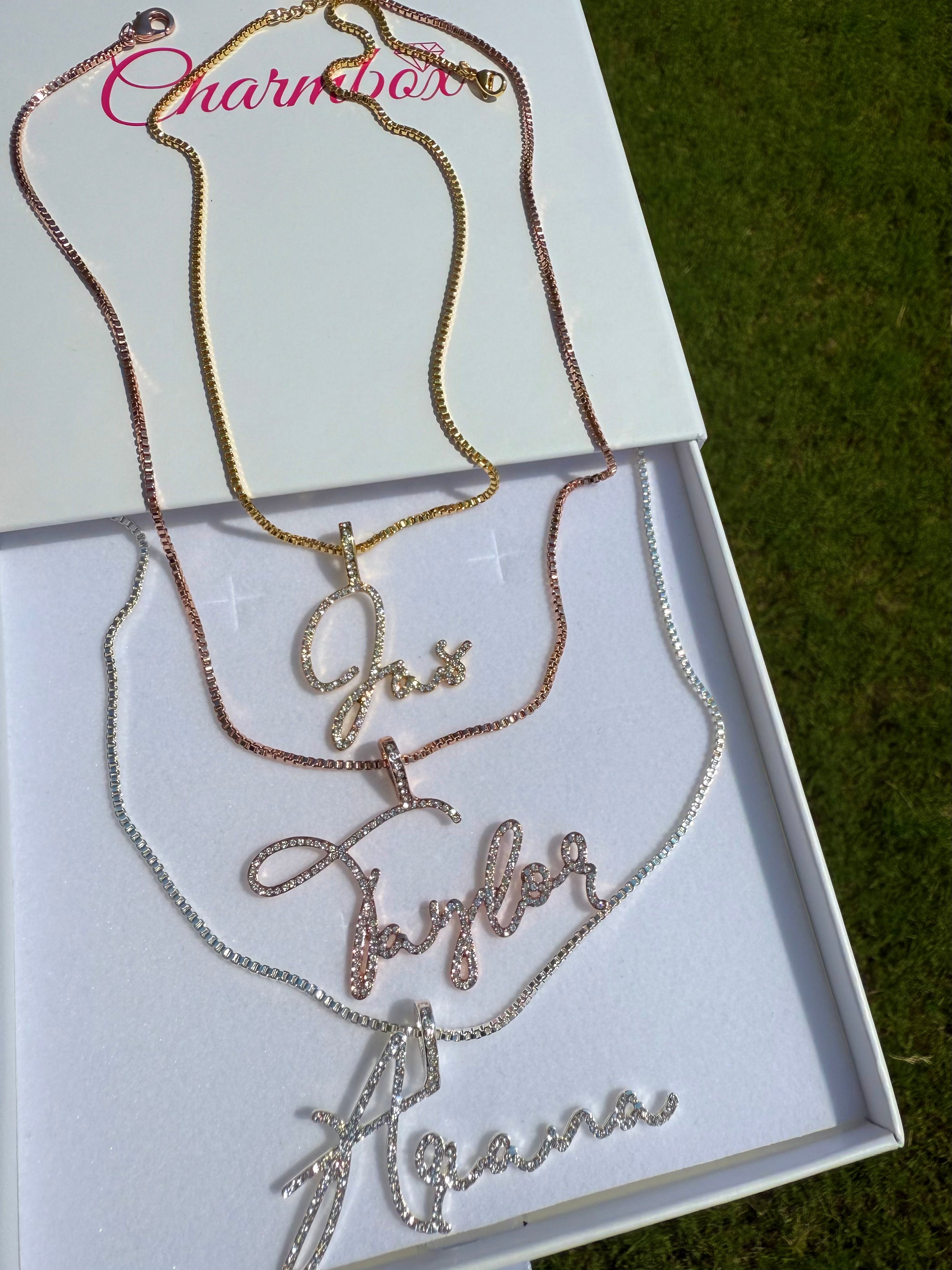 Everyday Custom Name necklace personalized in gold, silver, or rose gold with cubic zirconia — CharmBox custom necklace