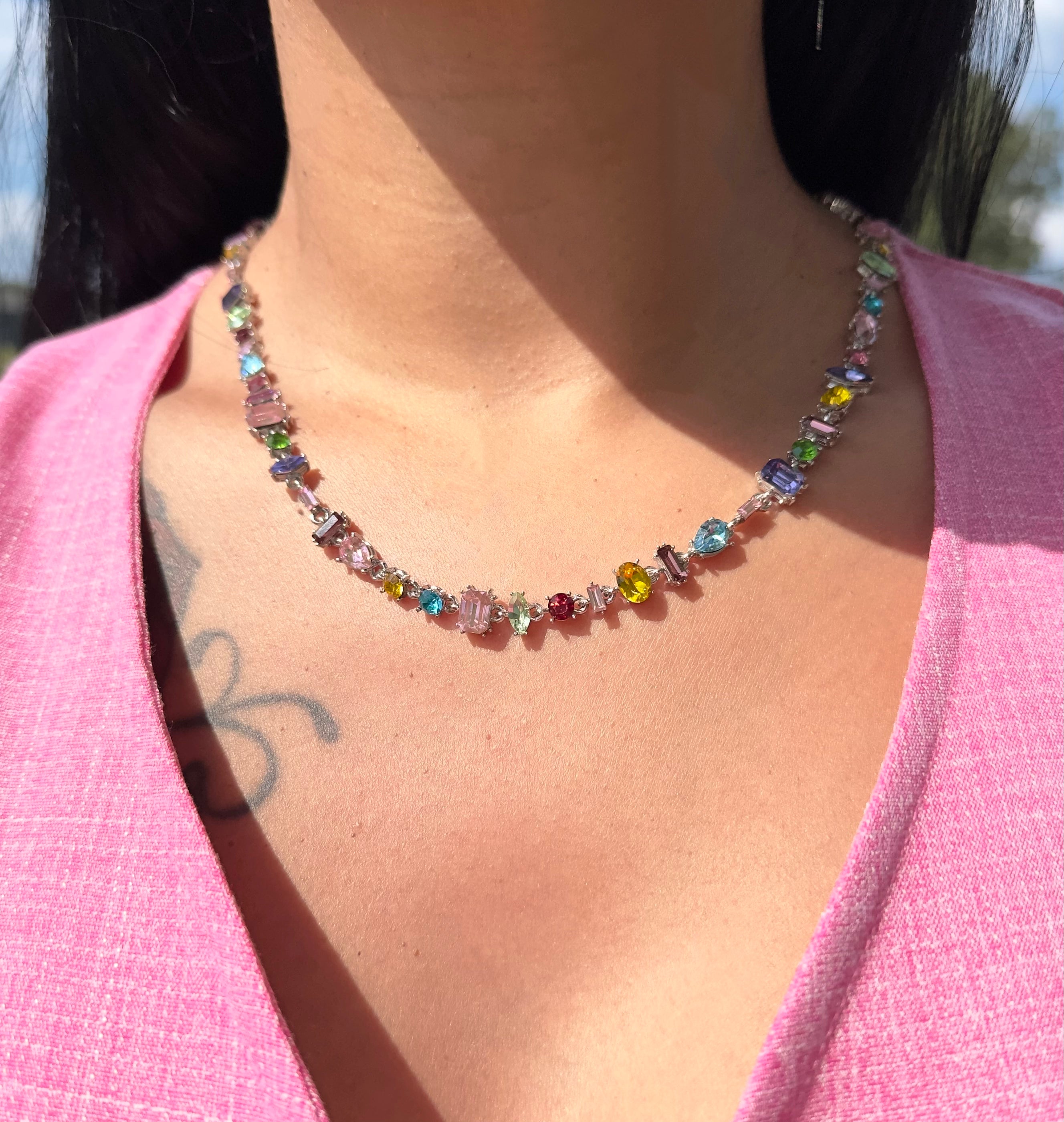 Fruity Pebble Necklace — vibrant multi-color stones on a polished stainless steel chain with adjustable extender — CharmBox fruity pebble necklace