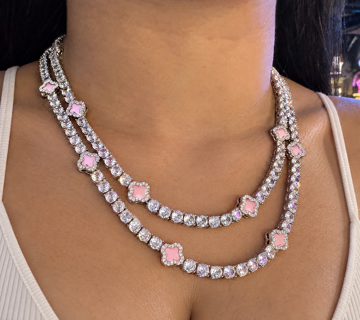 Pink Clover Tennis Necklace