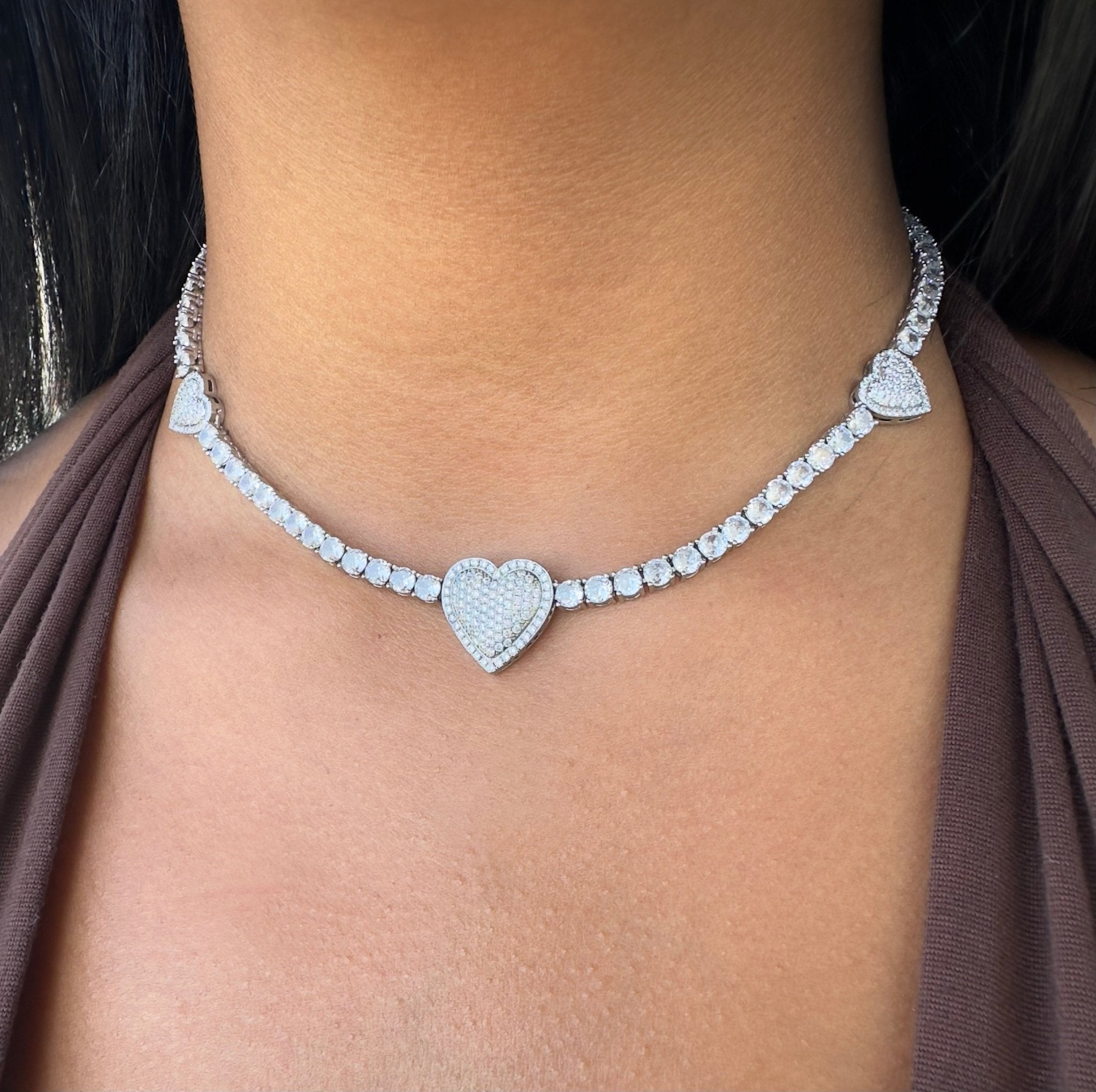 Triple Heart Tennis Necklace — 9mm tennis chain with triple-heart accents in silver — CharmBox triple heart tennis necklace