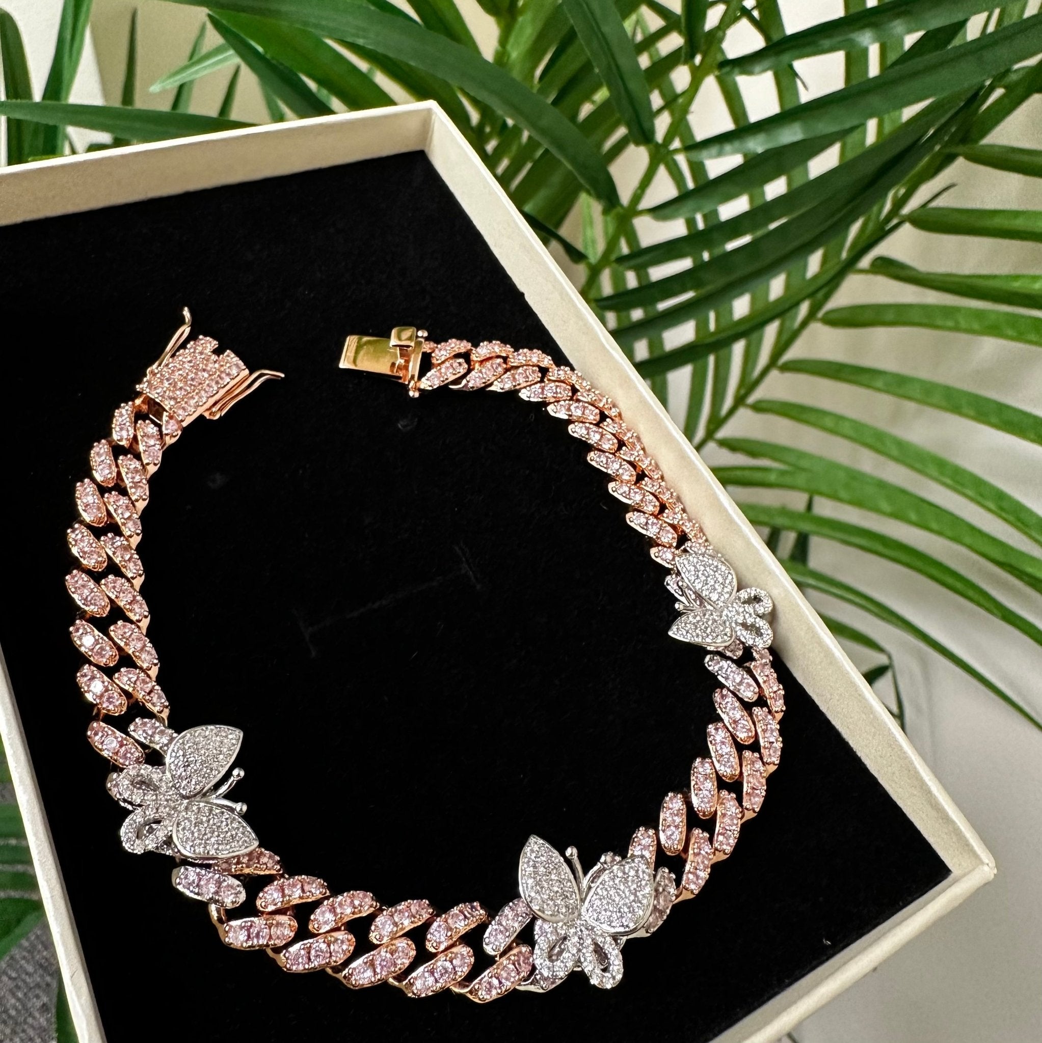 Pink and White Butterfly Anklet — three pink and white butterfly charms on a 10-inch anklet — CharmBox pink butterfly anklet