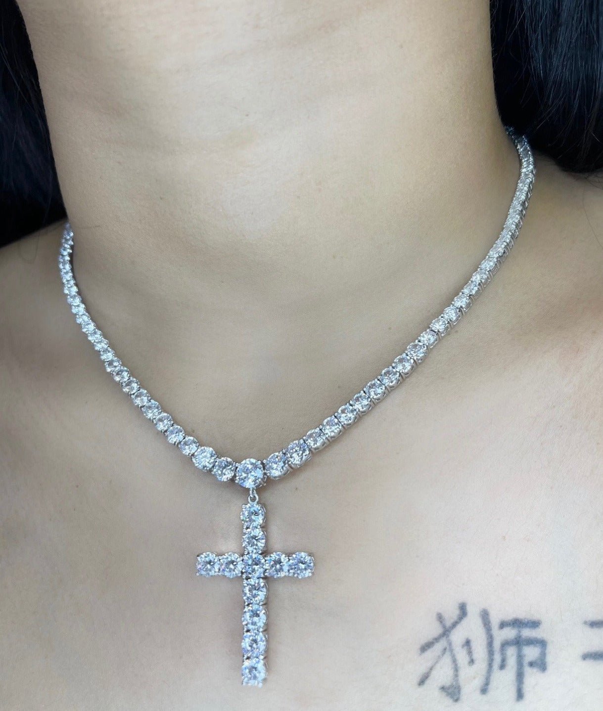 Graduated Tennis Cross Necklace — graduated 2–5mm cubic zirconia tennis chain with non-detachable cross pendant in gold or silver — CharmBox