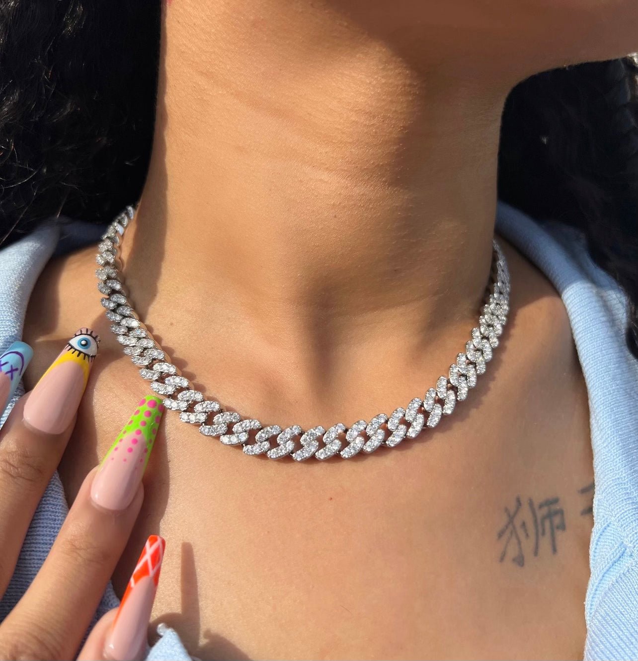 CharmBox silver mini Cuban link necklace with AAA CZ stones, 9mm, ships same day, 16 to 20 inch