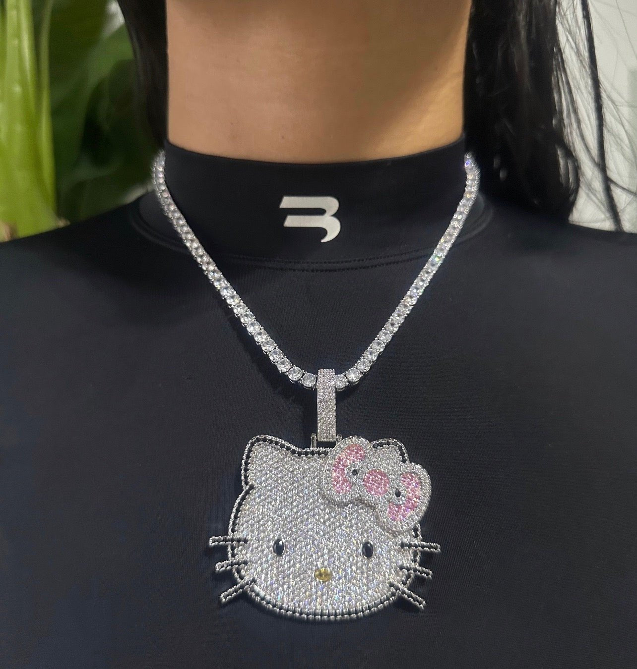 Iced Out Kitty Pendant on Silver Tennis Chain