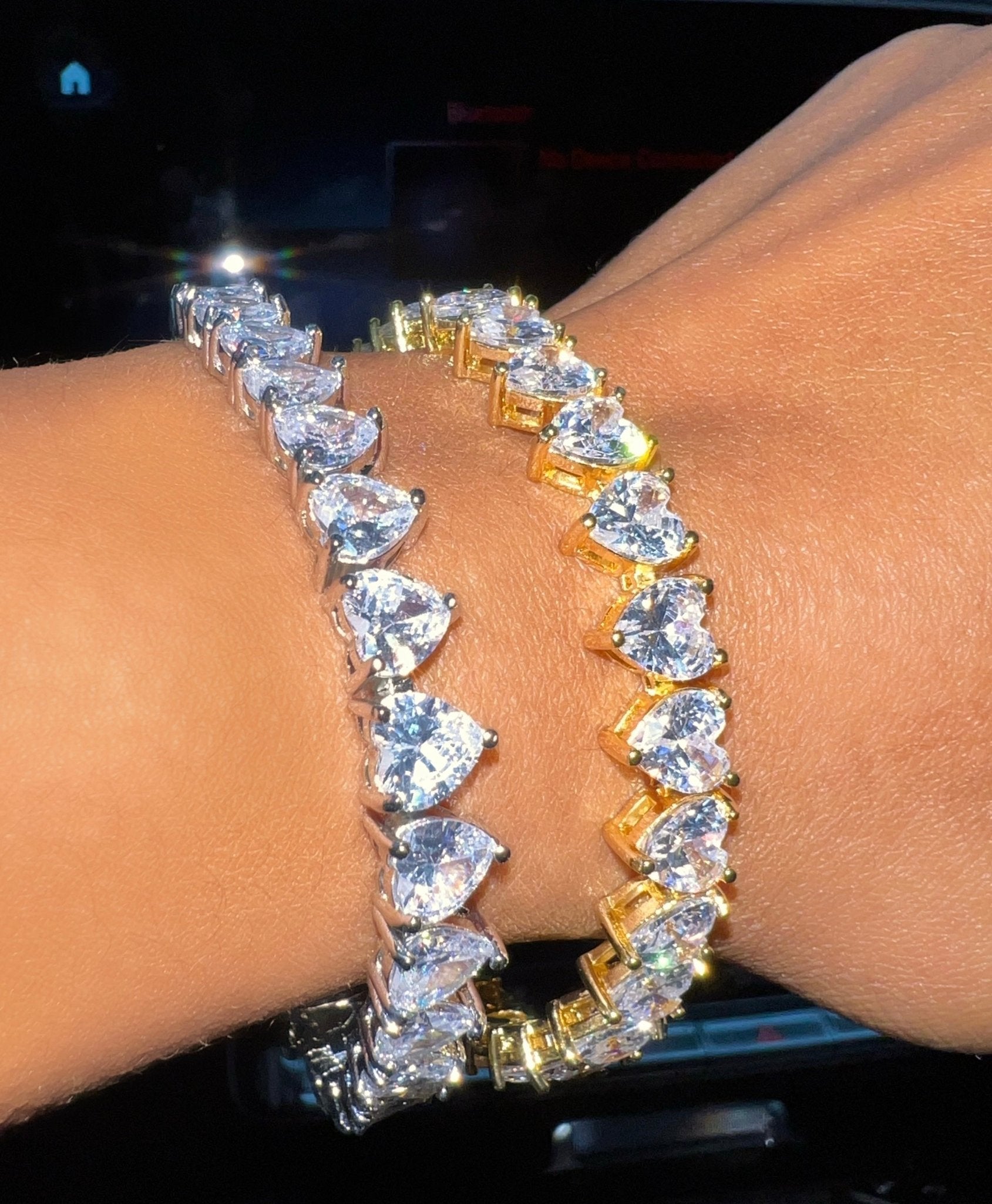 Heart Tennis Bracelet — heart-cut stones on a tennis chain in 18K gold or silver — CharmBox heart tennis bracelet