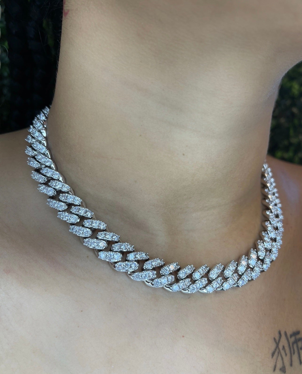 Cuban Glitz Necklace — 12mm Cuban link with micro-pavé cubic zirconia in silver — CharmBox iced Cuban chain