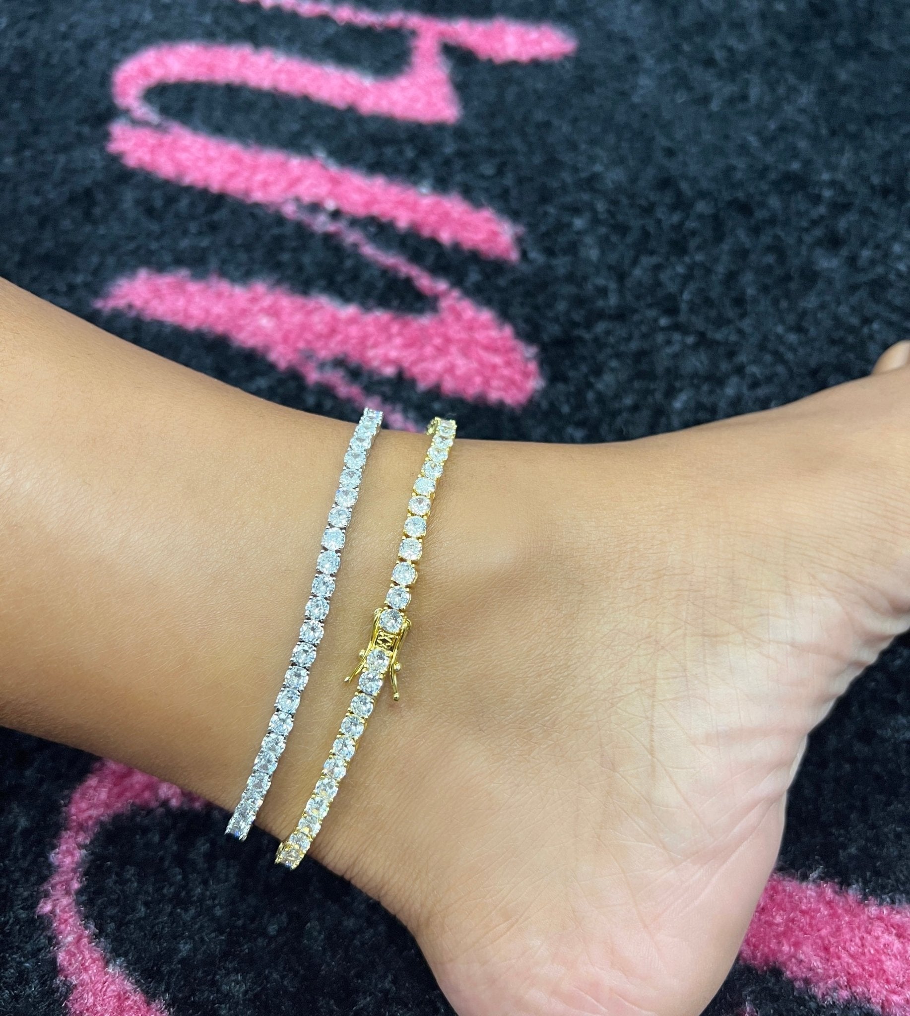 Cubic zirconia tennis anklet on 9-inch chain, illustrating anklet styling