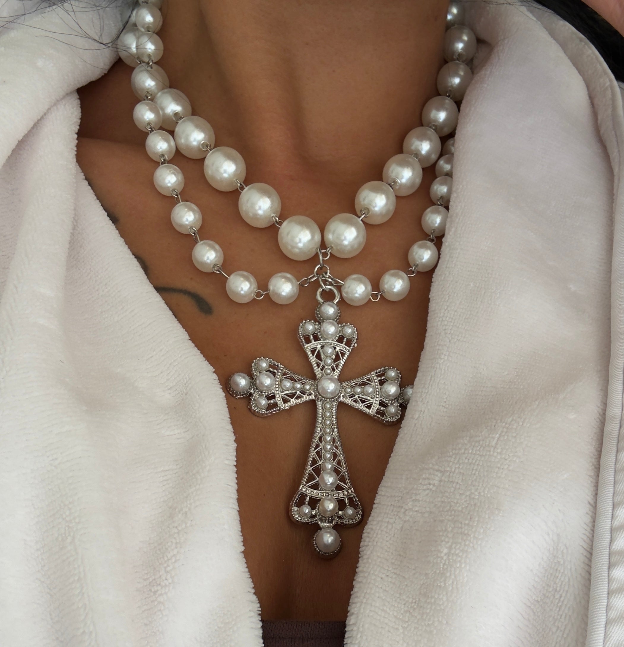 Double Pearl Cross Necklace — two pearls framing a delicate cross on an adjustable chain — CharmBox double pearl cross necklace