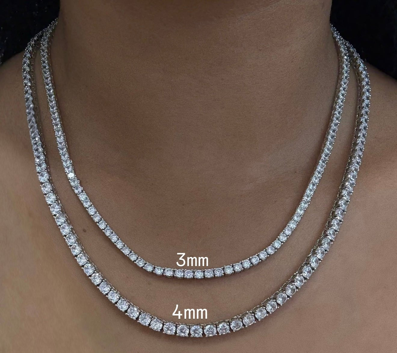 Tennis Necklace — AAA cubic zirconia tennis chain in 3mm or 4mm width, silver or gold — CharmBox iced tennis necklace