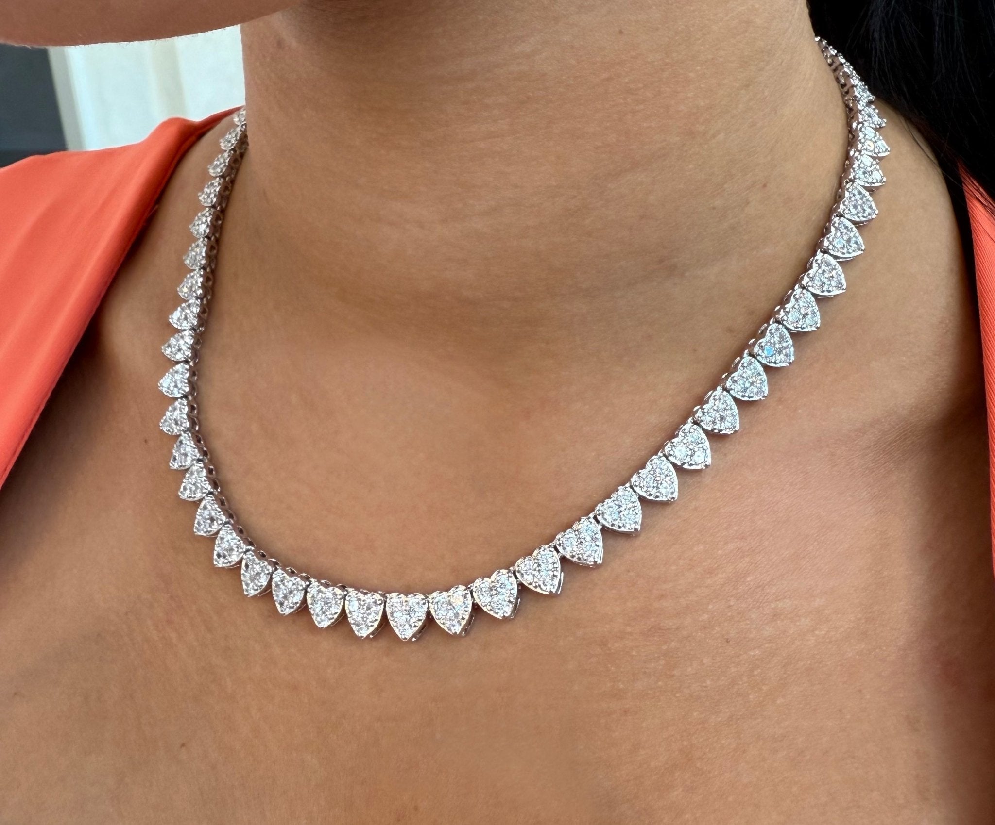 3 Stone Heart Cut Necklace — three-stone heart pattern on 17-inch tennis chain in silver or gold — CharmBox 3 stone heart necklace