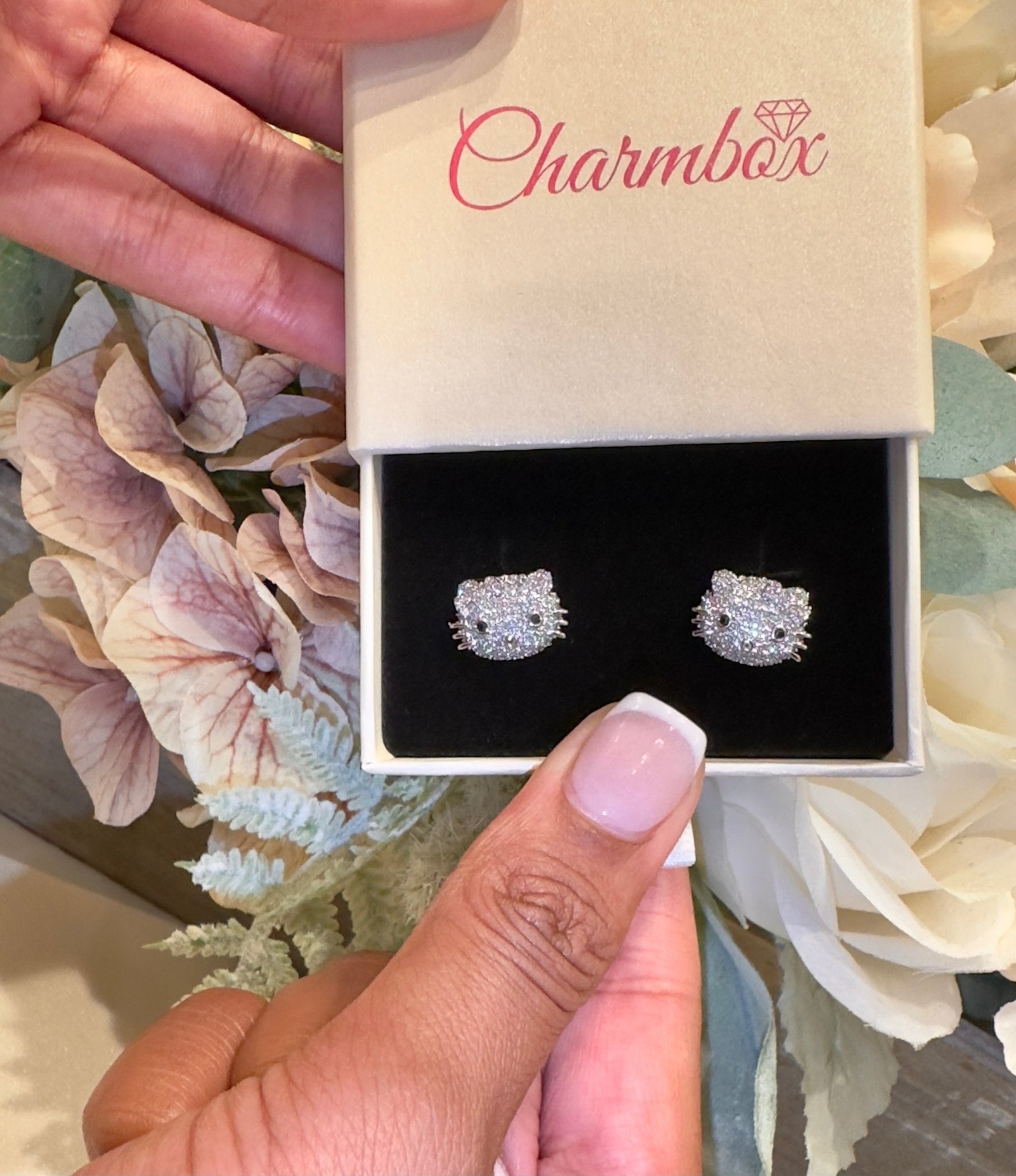 CharmBox iced out kitty stud earrings pave cubic zirconia, silver and gold, screw back, ships same day