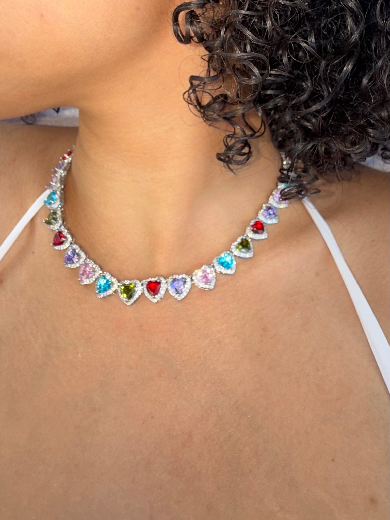 Colorful Heart Gem Necklace — multi-color heart-shaped gemstones on a delicate chain — CharmBox colorful heart gem necklace