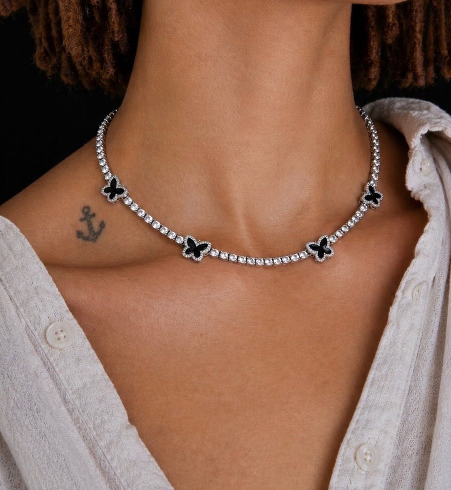 Black Butterfly Tennis Necklace — cubic zirconia butterfly accents on silver tennis chain by CharmBox