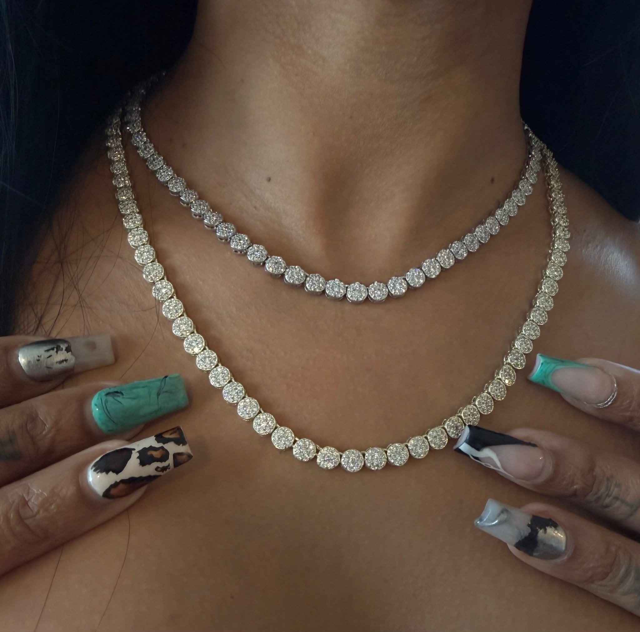 Clustered Tennis Necklace — tightly-set cubic zirconia on a 5mm chain in silver or gold — CharmBox clustered tennis chain