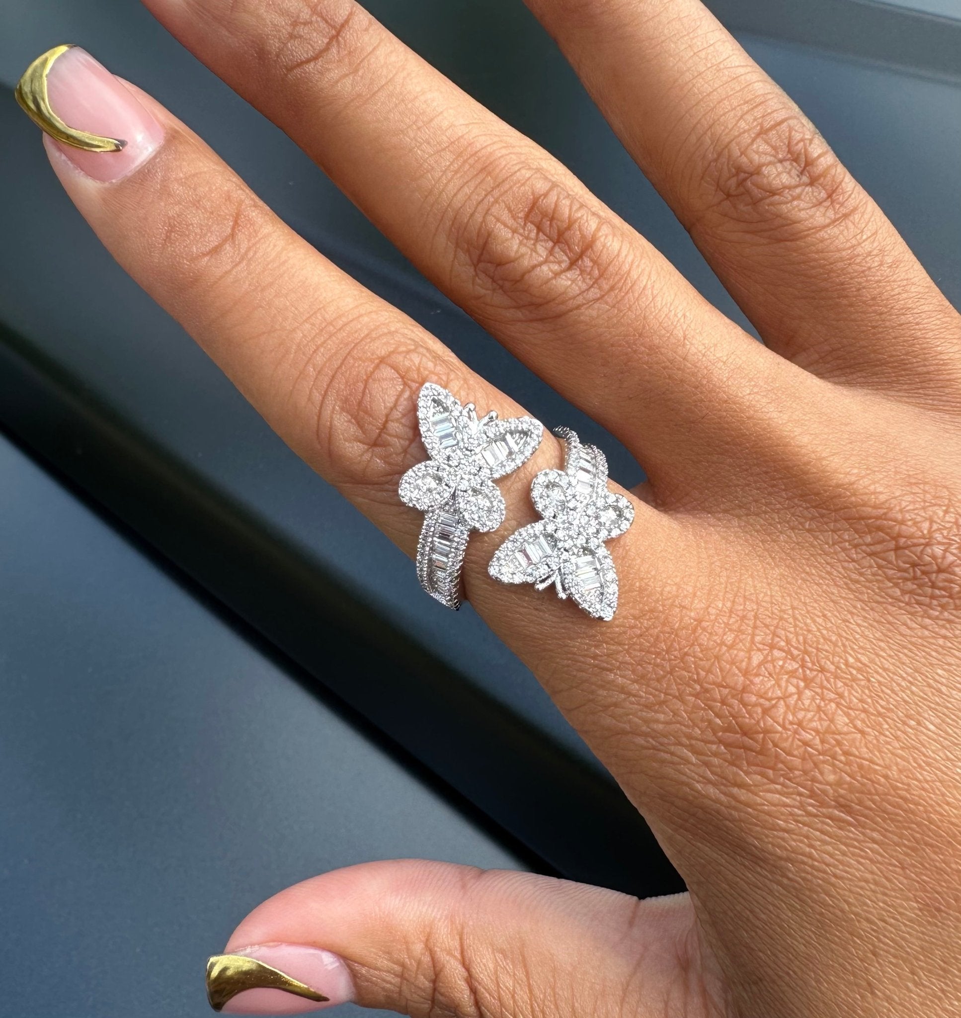 Butterfly Baguette Ring — adjustable dual-butterfly baguette ring in silver or gold — CharmBox butterfly baguette ring