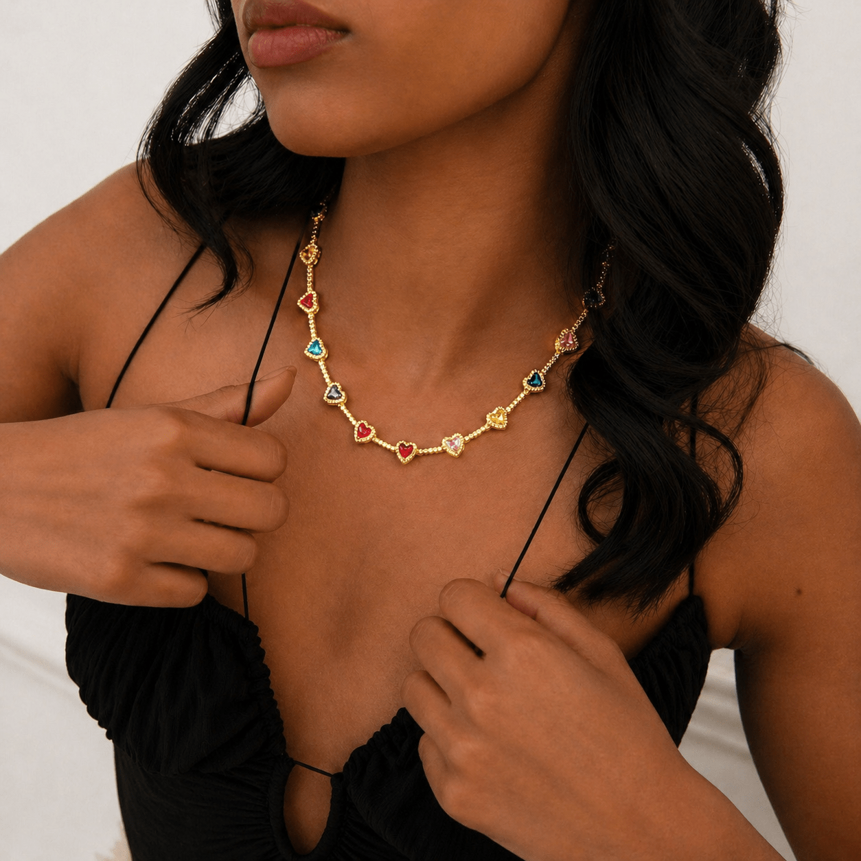 Colorful Heart Tennis Necklace — multicolor heart-cut stones on silver or gold tennis chain by CharmBox