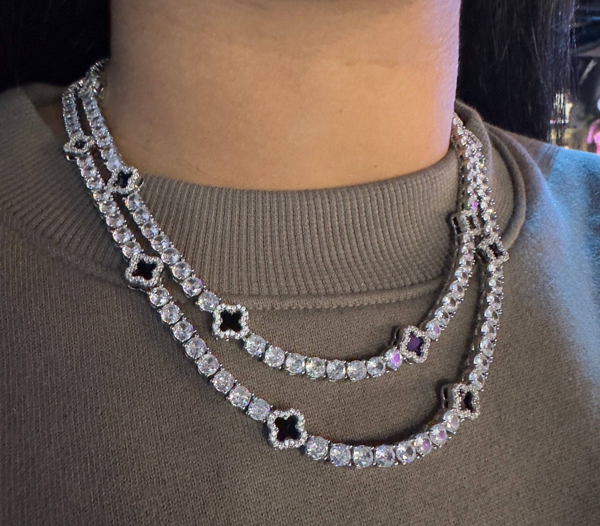 Clover Tennis Necklace — tennis chain with eight black clover accents in silver or gold — CharmBox clover tennis necklace