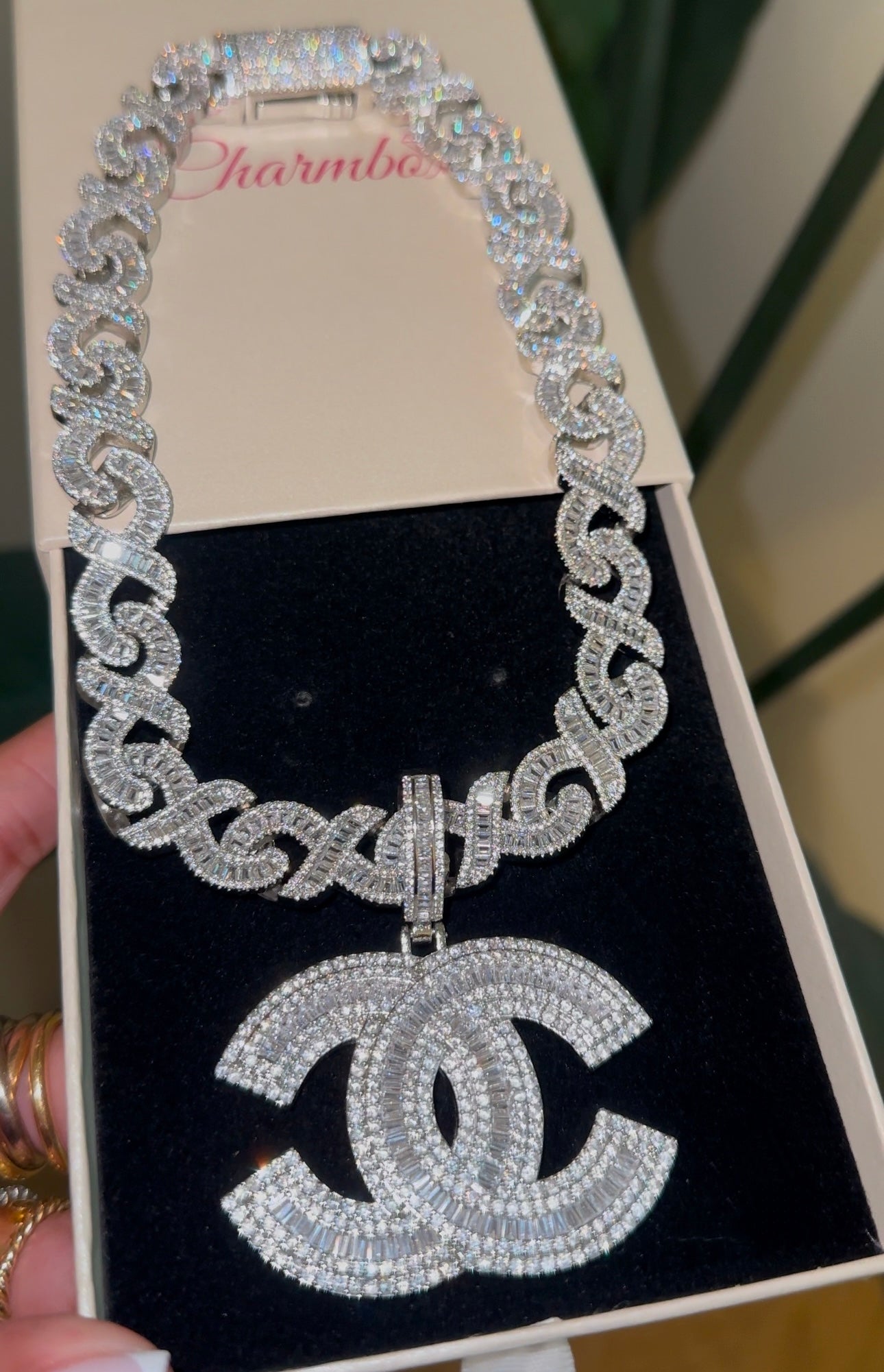 Double C 2.0 Pendant — 2-inch interlocking C's pendant with hand-set AAAA cubic zirconia in silver — CharmBox double C pendant