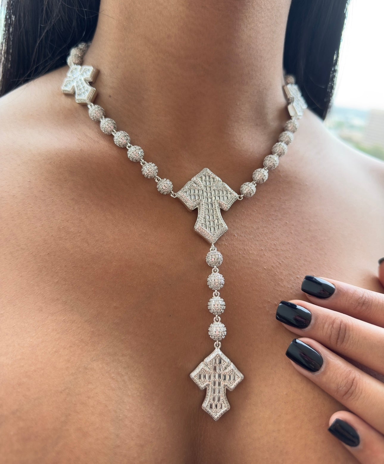 Beaded Cross Necklace — beaded chain with cross pendant detail in silver — CharmBox beaded cross necklace