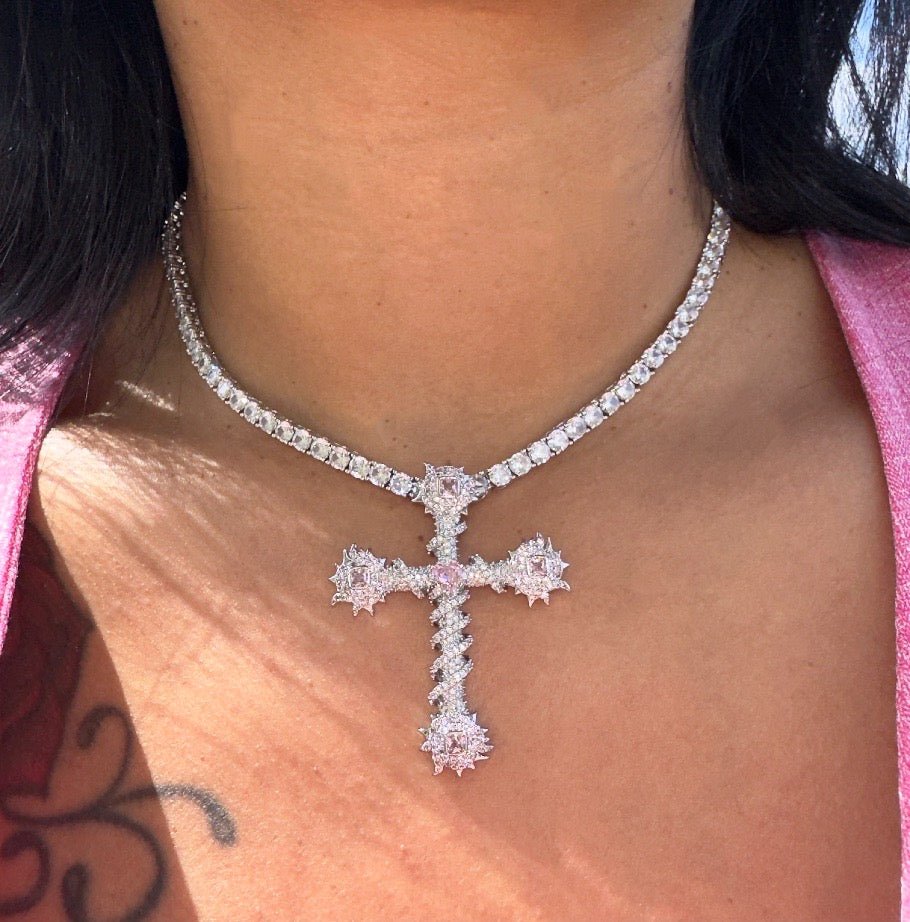 Pink Thorn Cross Pendant — silver cross pendant with pink thorn accents on rope or tennis chain — CharmBox pink thorn cross necklace