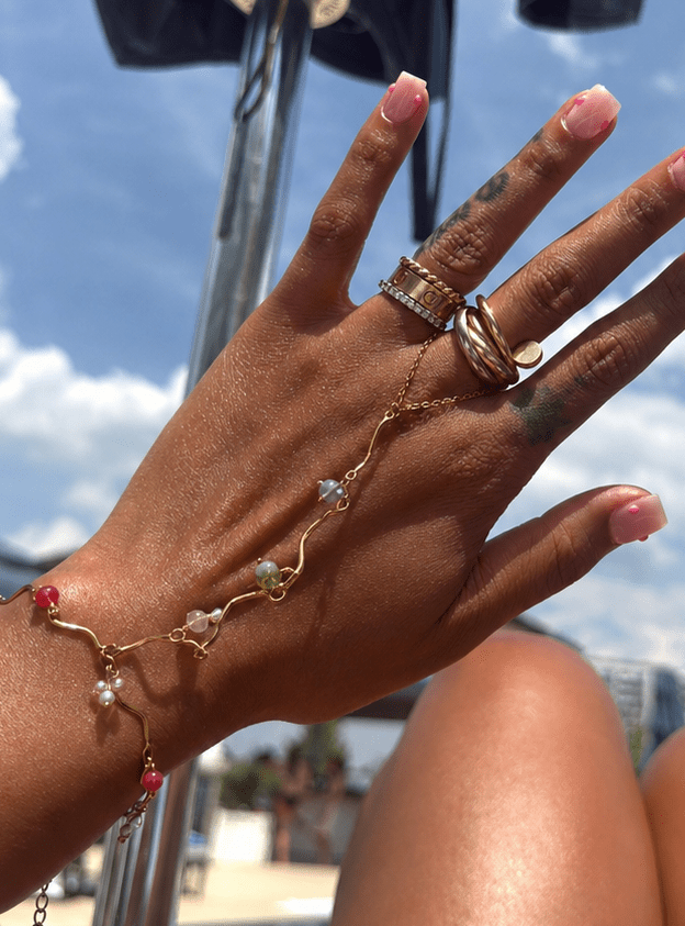 Candy Drip Handchain Bracelet — glossy bead accents on a delicate gold hand chain — CharmBox candy drip hand chain