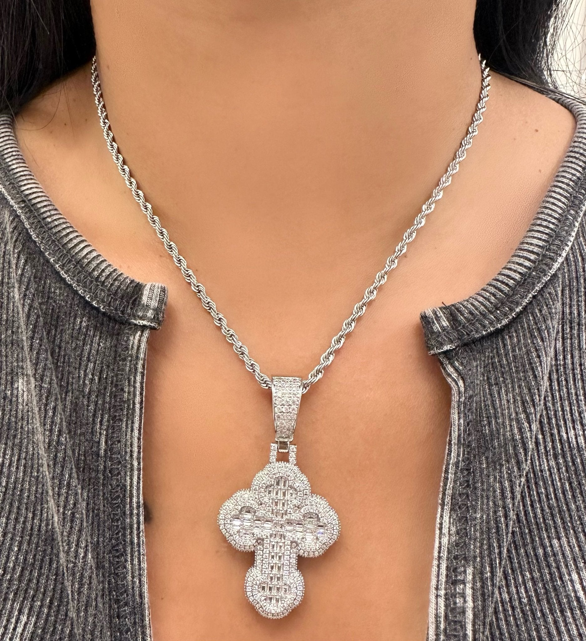 Chrome Cross Pendant Necklace — chrome cross pendant in 18K gold or silver on rope or tennis chain — CharmBox chrome cross necklace