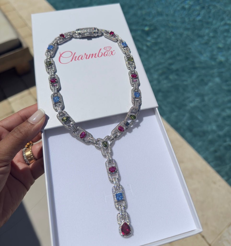 Drop Gem Necklace — vibrant multi-color gemstones on a polished stainless steel chain — CharmBox drop gem necklace