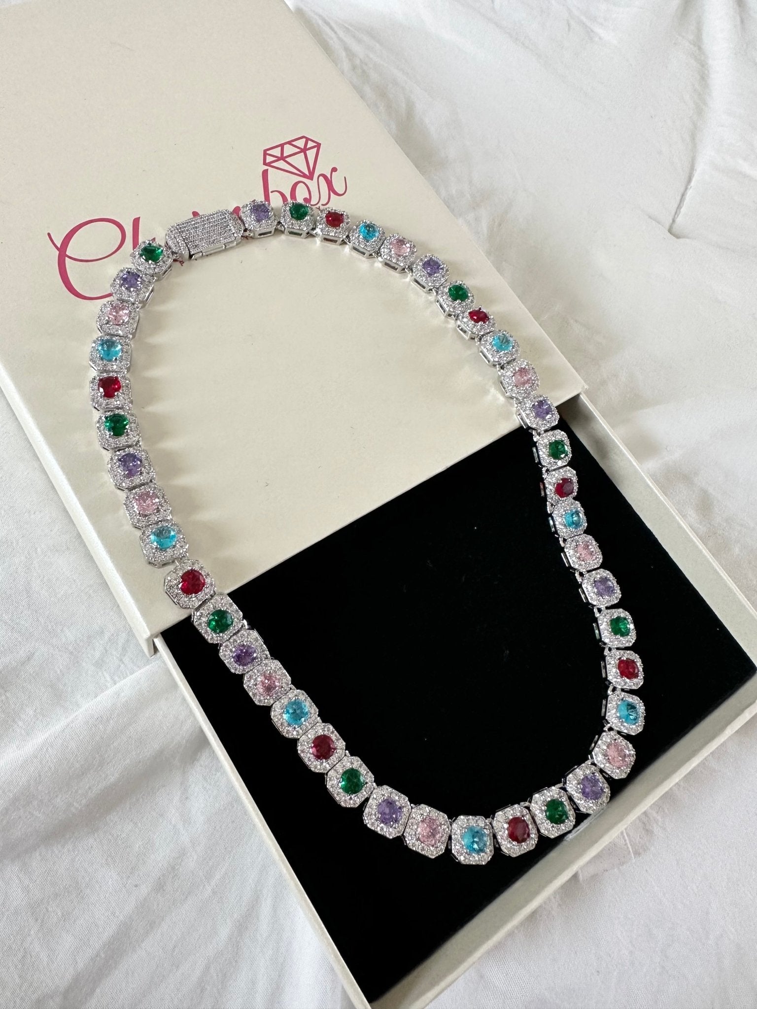 Colorful Gem Necklace — vibrant multi-color gemstone chain in stainless steel — CharmBox colorful gem necklace