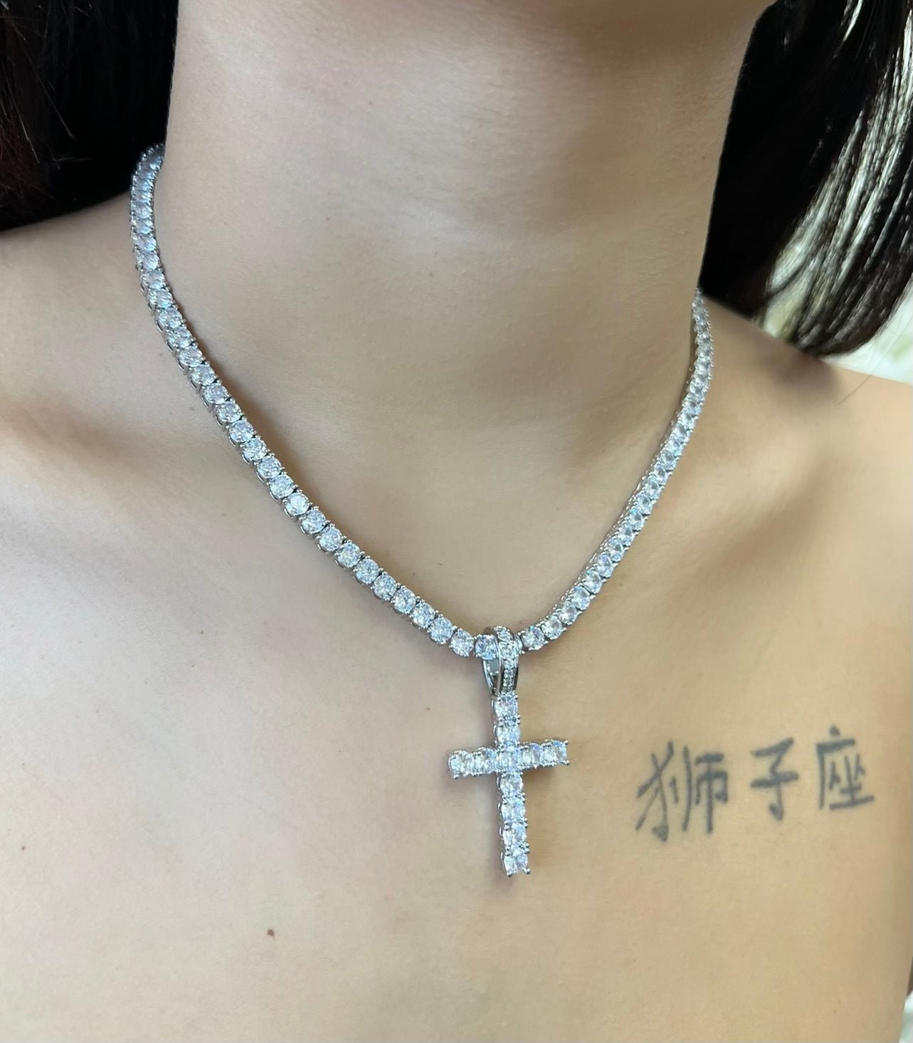 Iced Cross Pendant — 2-inch sparkling cross with cubic zirconia on a tennis chain in silver or gold — CharmBox iced cross necklace