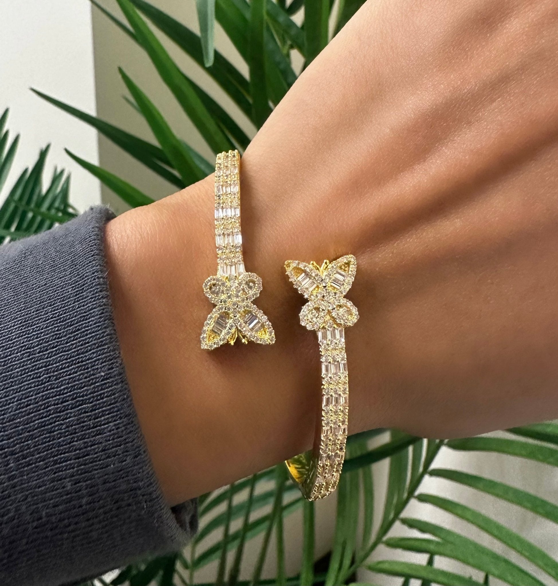 Butterfly Bangle — 7-inch bangle with two butterfly accents in silver or gold — CharmBox butterfly bangle