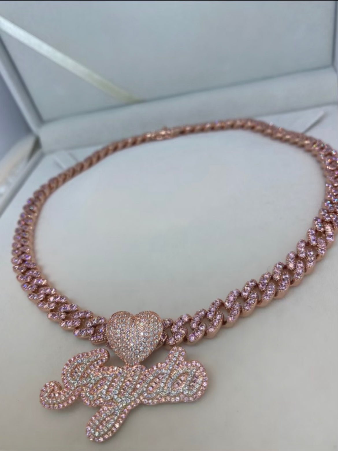 Pink Heart Custom Name necklace with rose gold and pink cubic zirconia accents — CharmBox custom name necklace