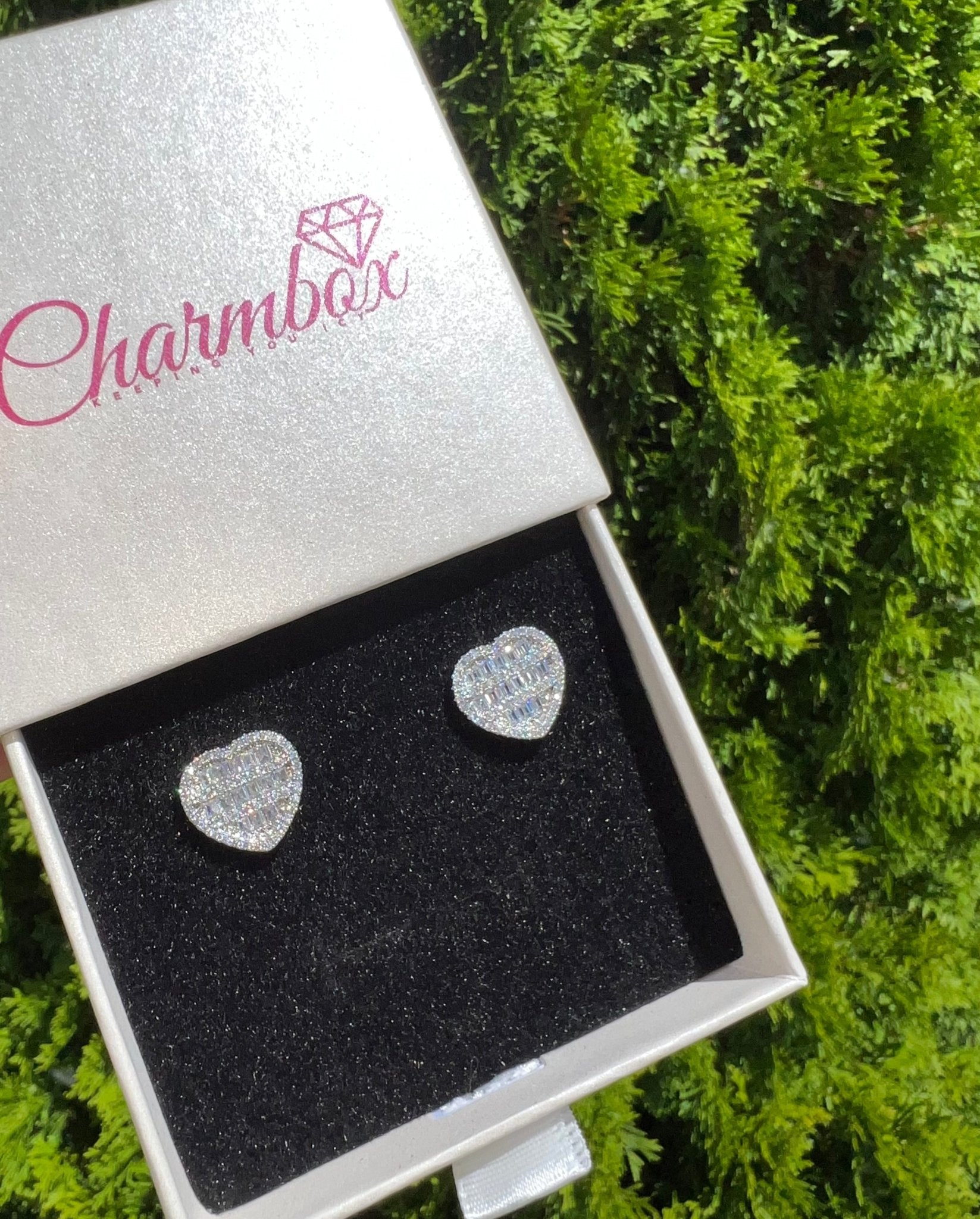 Crushed Heart Earrings — pavé-set crushed heart studs in 18K silver or gold — CharmBox crushed heart earrings