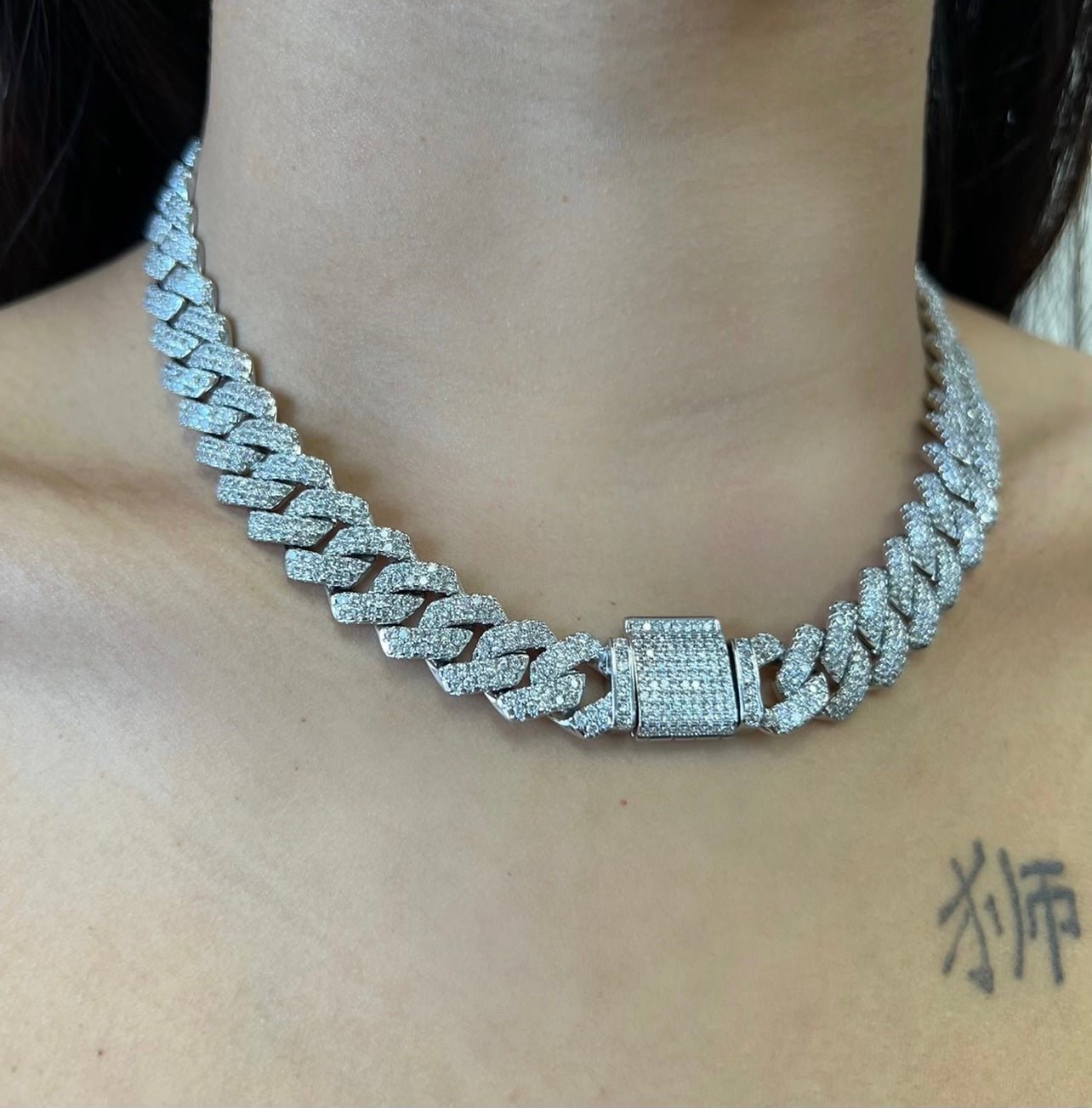 Crystal Cuban Necklace — 13mm 18K anti-tarnish Cuban chain in gold or silver, hand-set cubic zirconia — CharmBox crystal Cuban chain