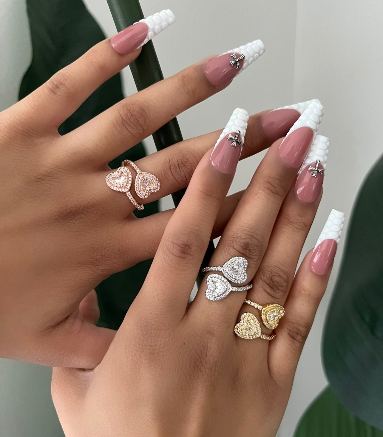 Double Heart Ring — adjustable double-heart band in silver, gold, or rose gold — CharmBox double heart ring