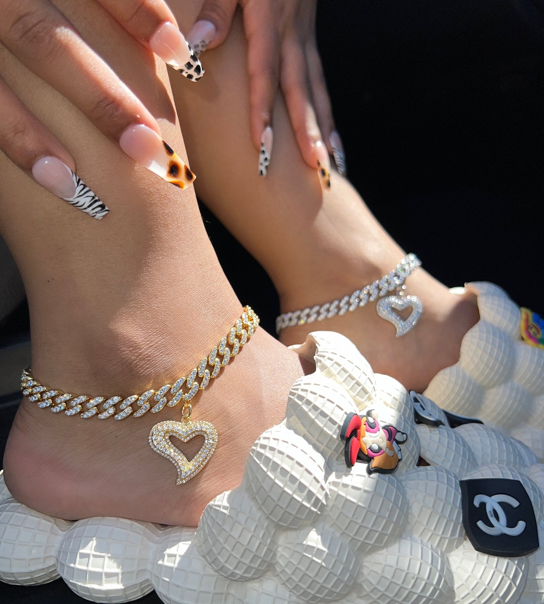 Tilted Heart Anklet — tilted heart pendant on a 9mm Cuban anklet in gold or silver — CharmBox tilted heart anklet