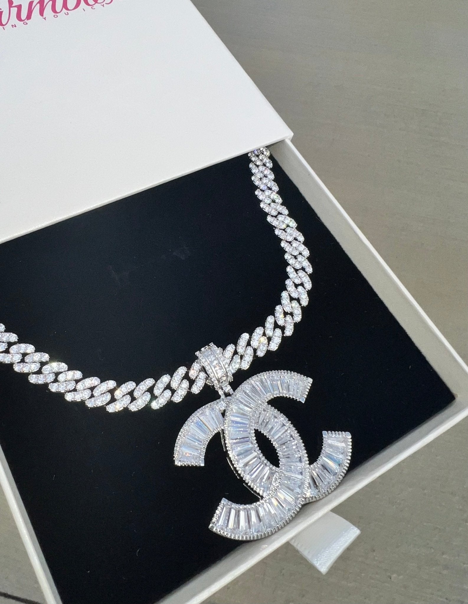 Double C Pendant — 1.5-inch interlocking C's pendant with AAAA cubic zirconia in silver — CharmBox double C pendant