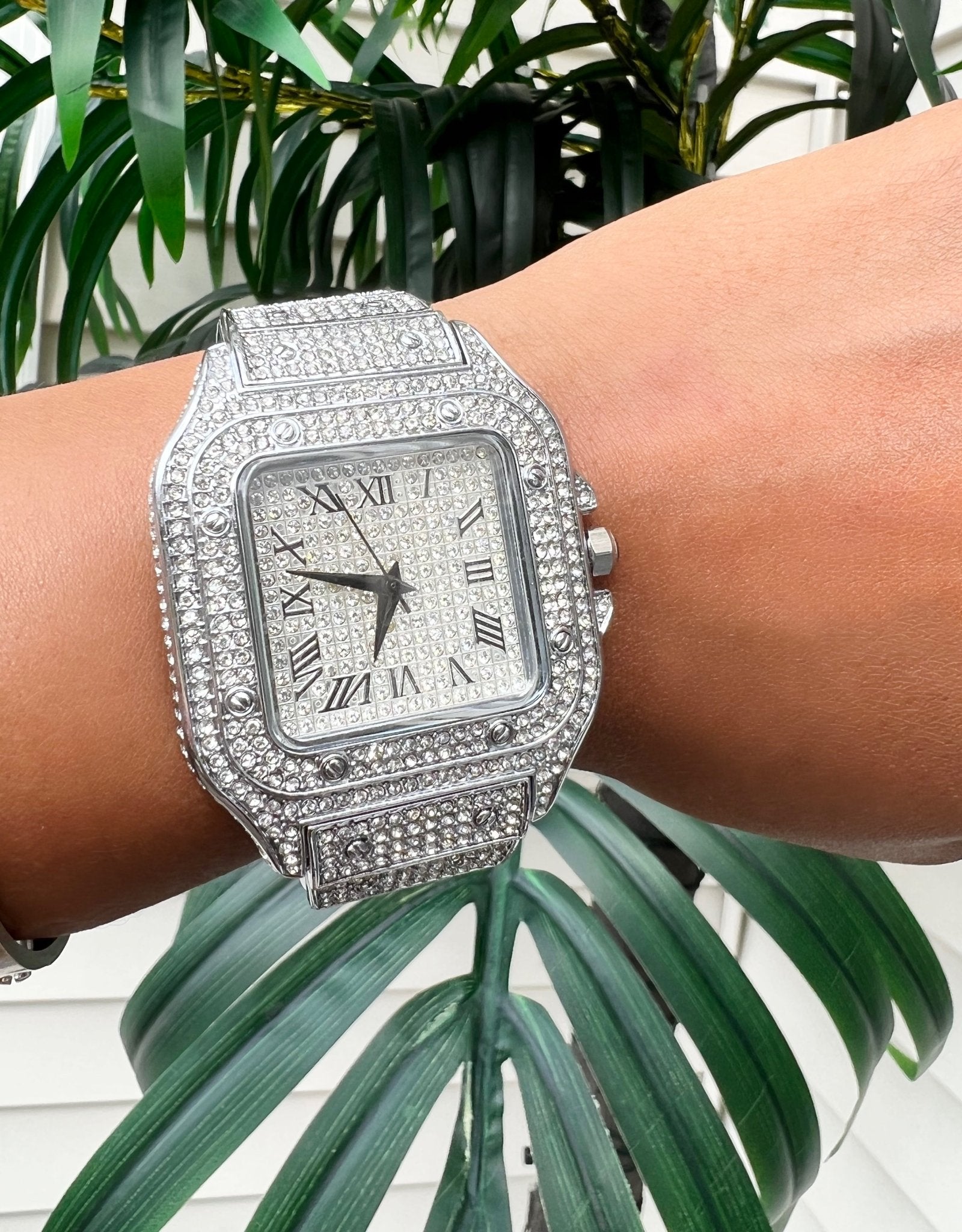 Iced Out Square Face Watch — square-face quartz watch with iced bezel in pink, blue, two-tone, or black — CharmBox iced watch