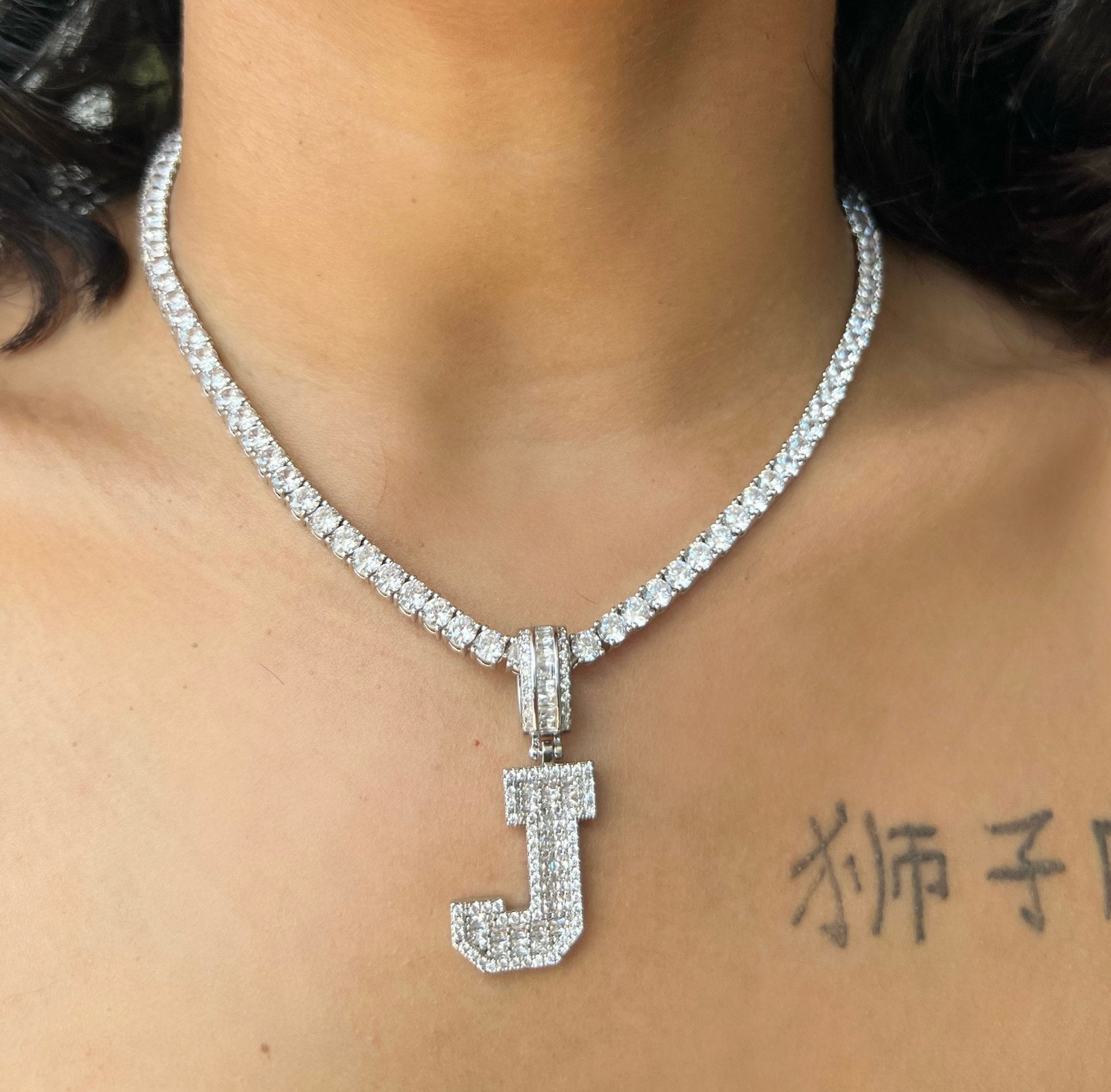 Graduate Letters Pendant — custom iced letters with AAAA cubic zirconia on a tennis chain in silver or gold — CharmBox graduate letters necklace