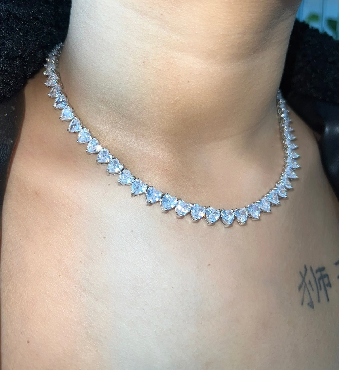 Heart Tennis Necklace — solitaire heart-cut stones on a 6mm tennis chain in gold or silver — CharmBox heart tennis chain