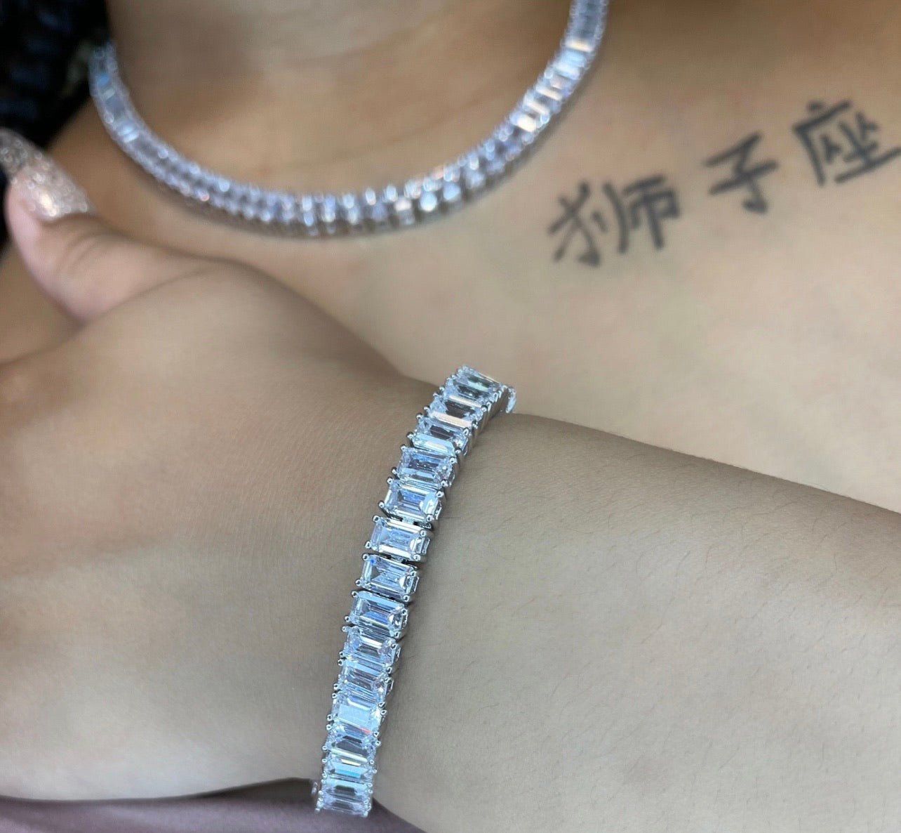 Baguette Tennis Bracelet — baguette-cut cubic zirconia on a 7.25-inch tennis bracelet in silver, gold, or rose gold — CharmBox baguette tennis