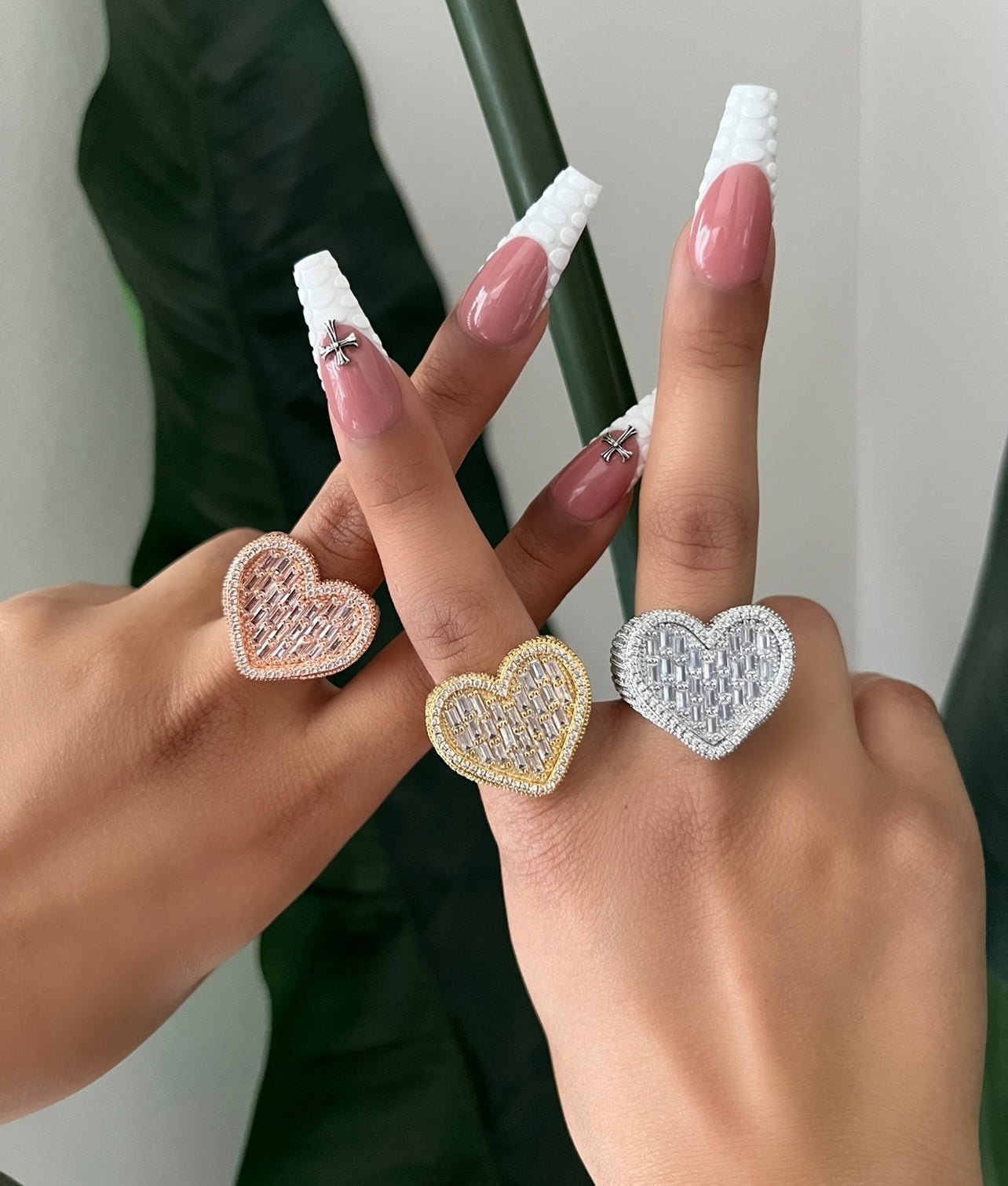 Baguette Heart Ring — heart-shaped ring with baguette-cut cubic zirconia in silver, gold, rose gold, or pink — CharmBox baguette heart ring
